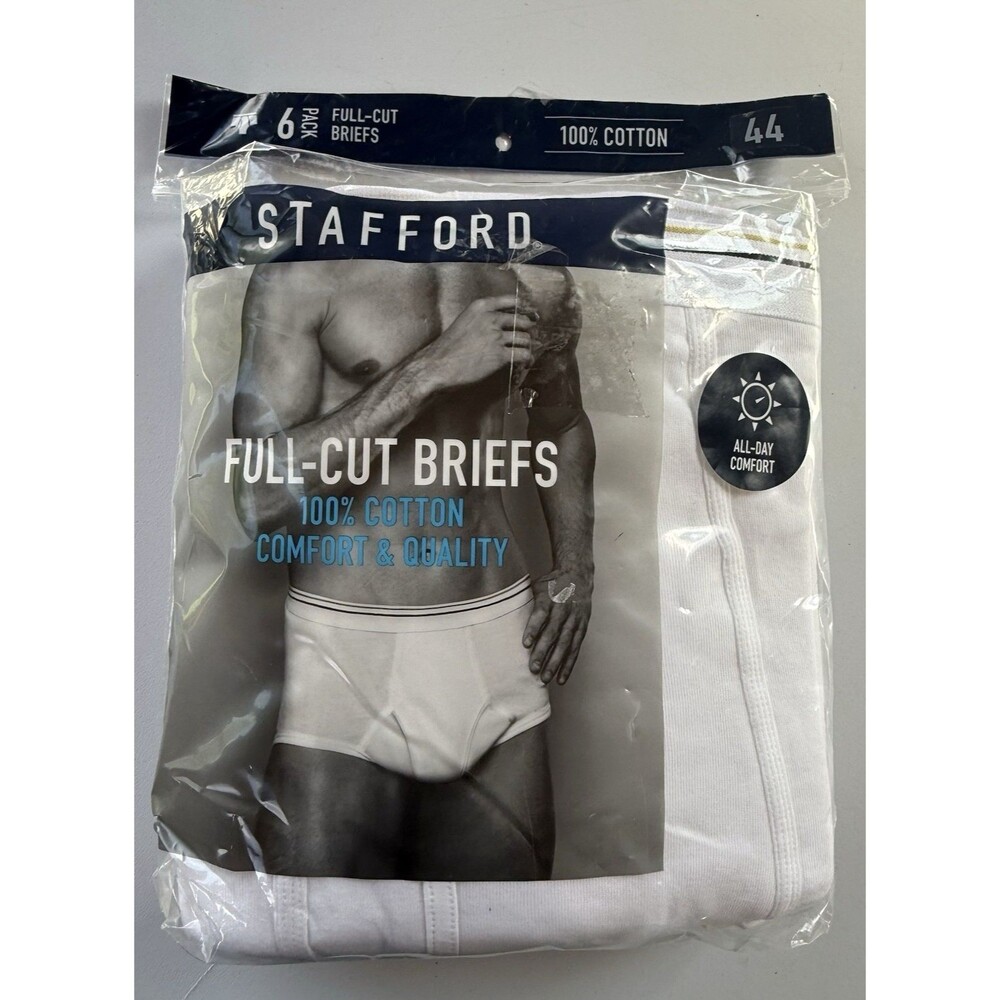 Stafford Men's 6-pk 100% Cotton Full-Cut White Briefs Sz 44 NEW All Day Comfort